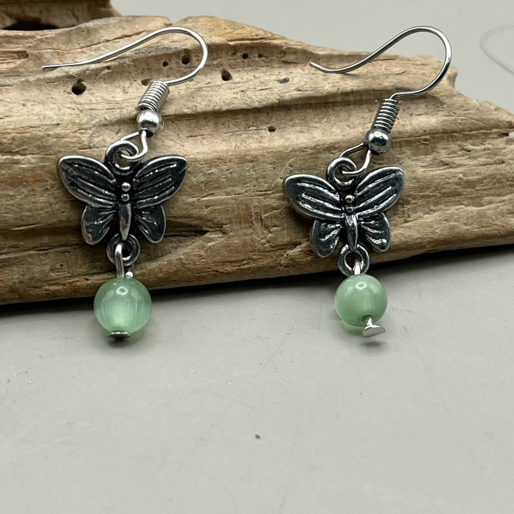 Butterfly Charm Silver and Green Earrings-Nature Inspired - Picture 3 of 3